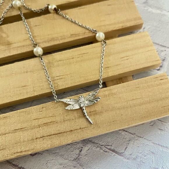 Sterling Silver Dragonfly CZ Pearl Necklace - Picture 2 of 3